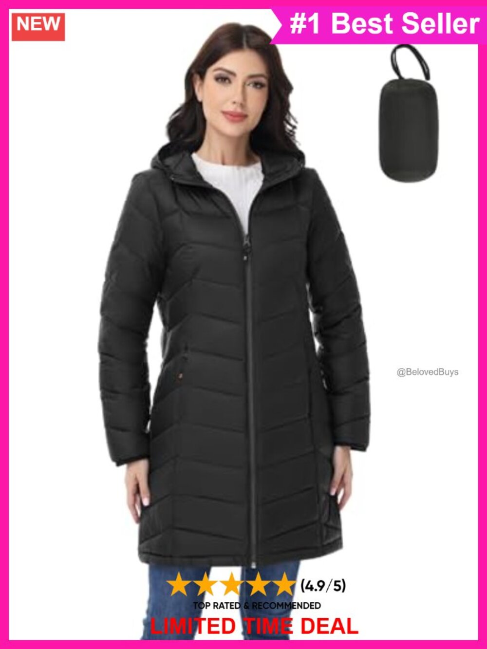 Packable Lightweight Puffer Jacket Mid-Length Hooded Quilted Nylon
